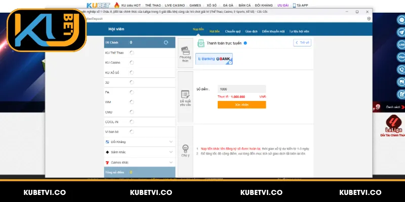 Nạp tiền Kubet thông qua dịch vụ Internet Banking