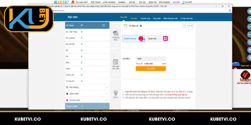 Sử dụng ví điện tử như Momo, Viettel Money để nạp tiền Kubet